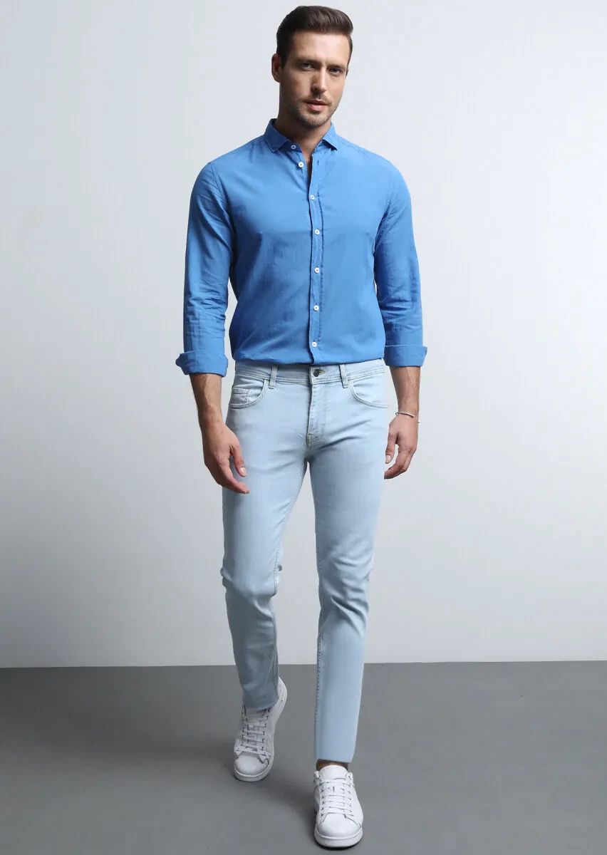 Açık İndigo Düz Slim Fit Denim Pamuk Karışımlı Pantolon - 3