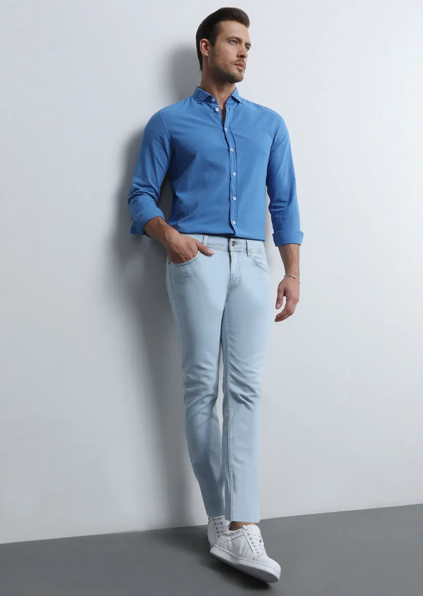 Açık İndigo Düz Slim Fit Denim Pamuk Karışımlı Pantolon - 4