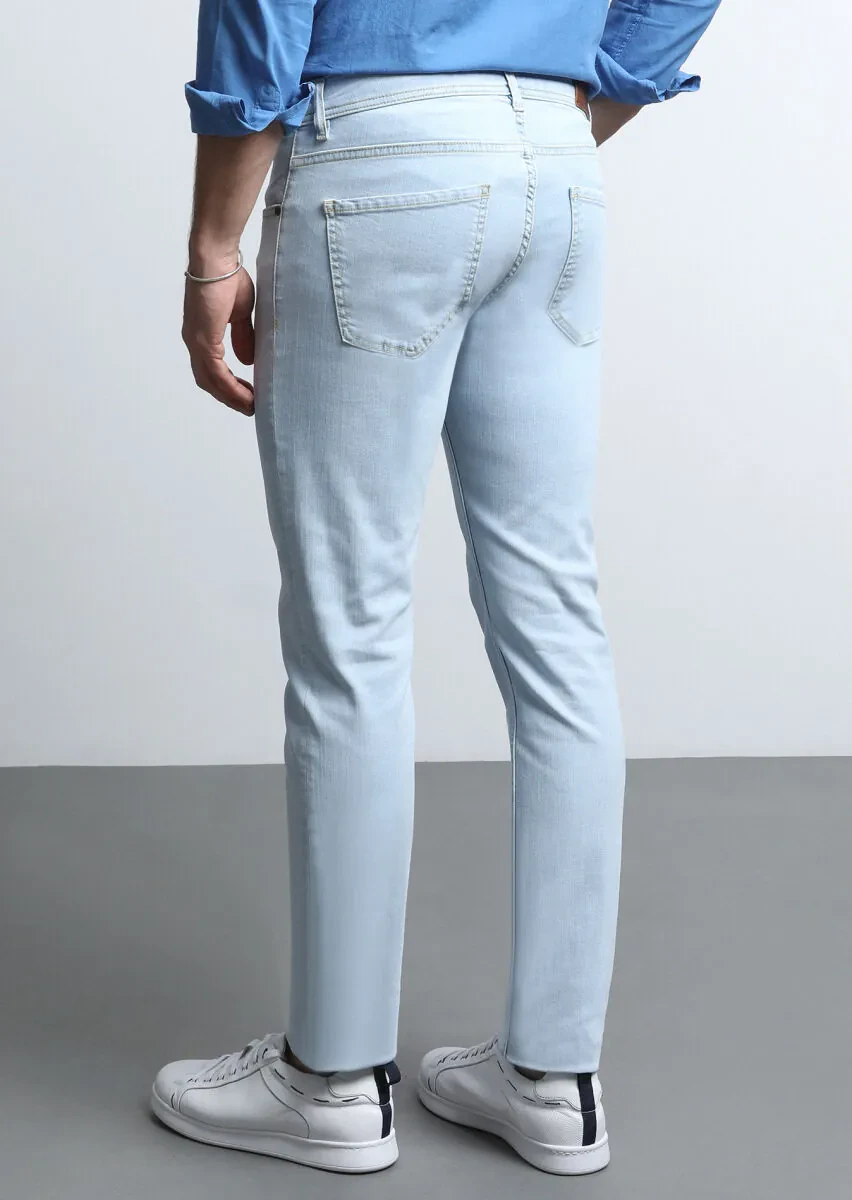 Açık İndigo Düz Slim Fit Denim Pamuk Karışımlı Pantolon - 5