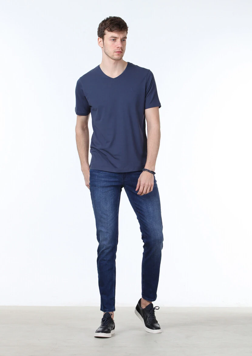 Açık İndigo Düz V Yaka Pamuk Karışımlı T-Shirt - 2