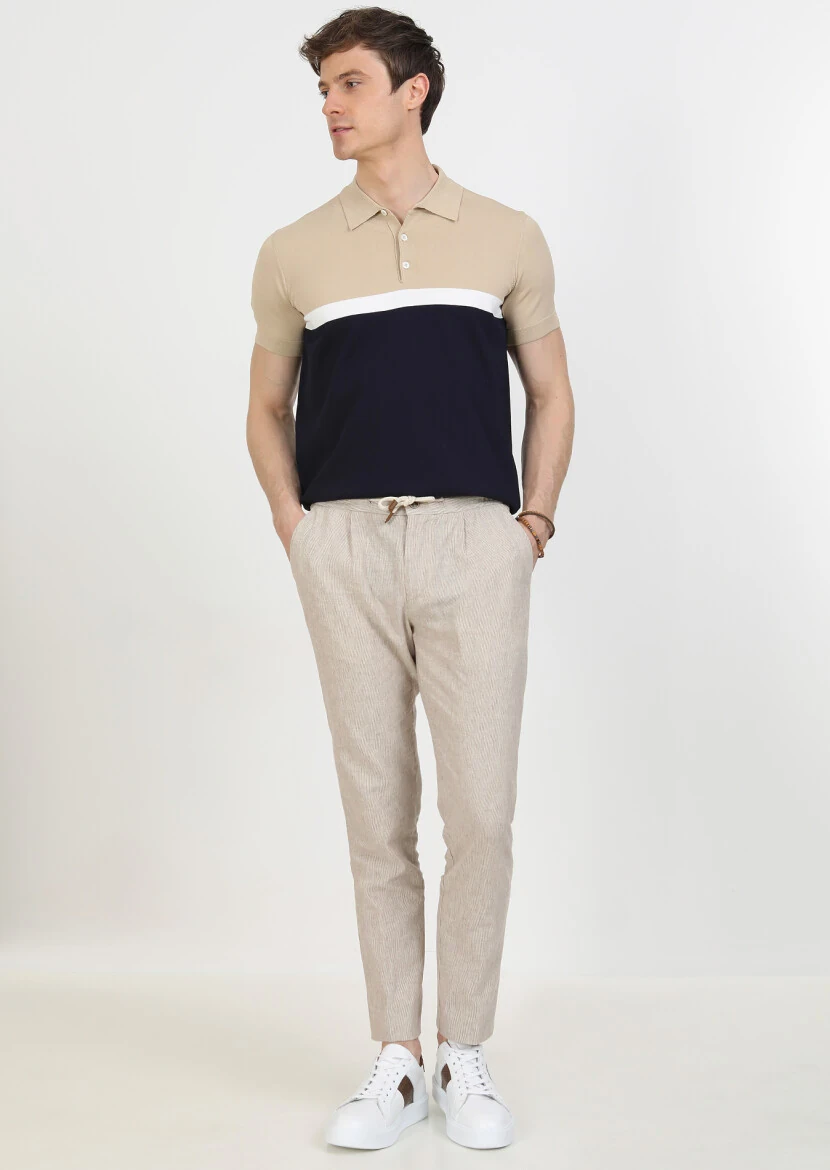 Açık Kahve Çizgili Dokuma Jogging Fit Casual Pamuk Karışımlı Pantolon - 1