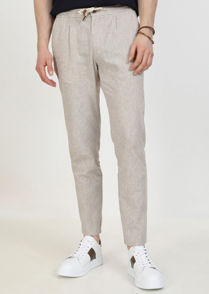 Açık Kahve Çizgili Dokuma Jogging Fit Casual Pamuk Karışımlı Pantolon - 2