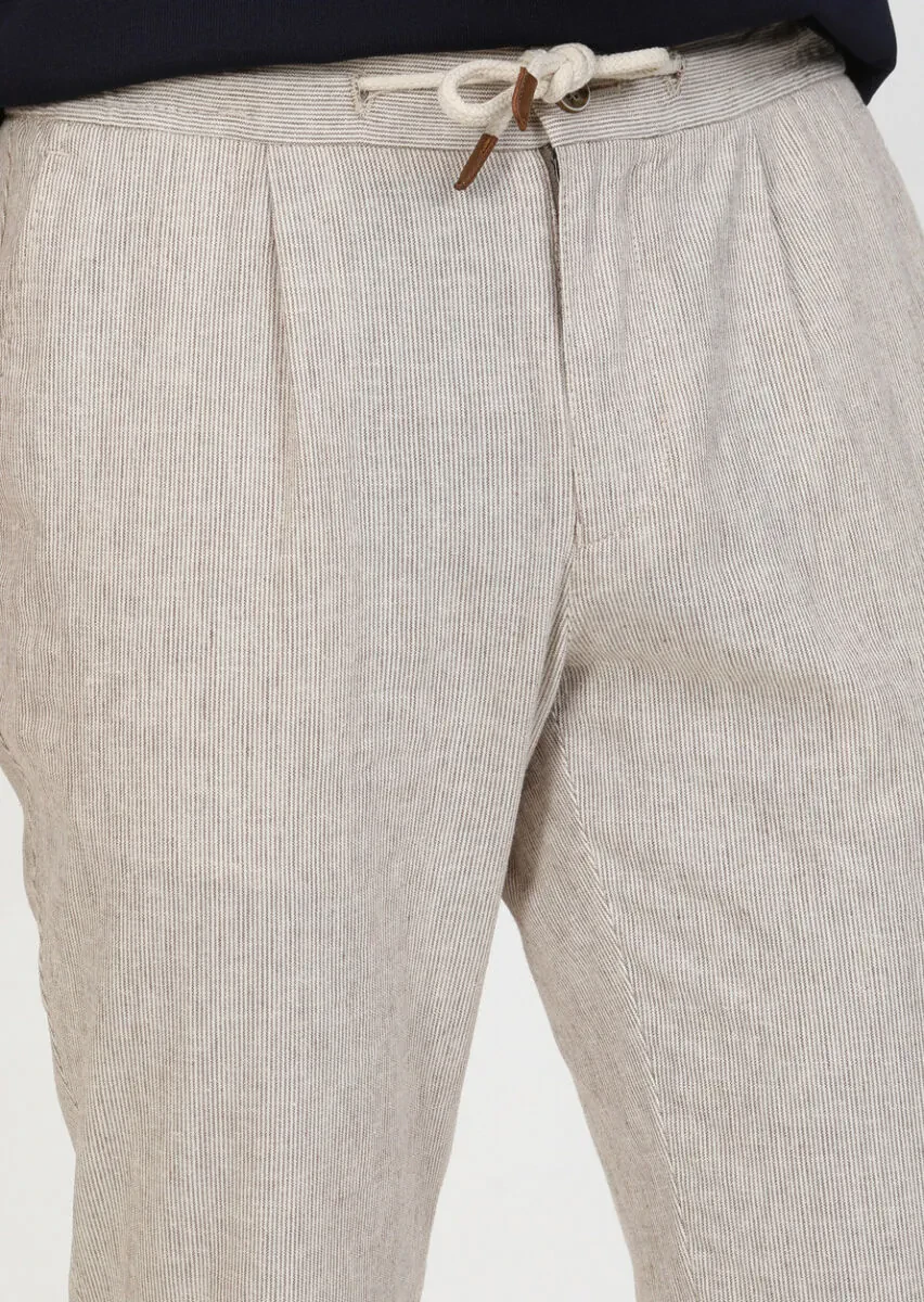 Açık Kahve Çizgili Dokuma Jogging Fit Casual Pamuk Karışımlı Pantolon - 3