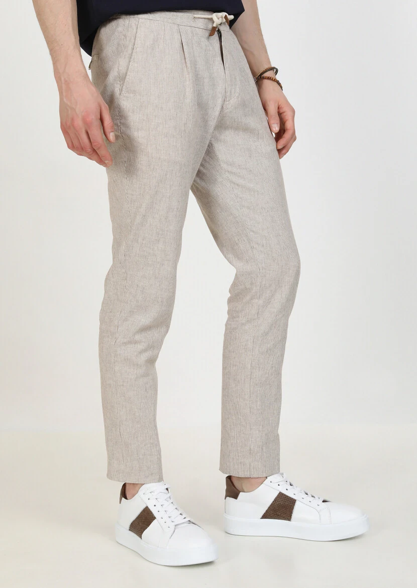 Açık Kahve Çizgili Dokuma Jogging Fit Casual Pamuk Karışımlı Pantolon - 5