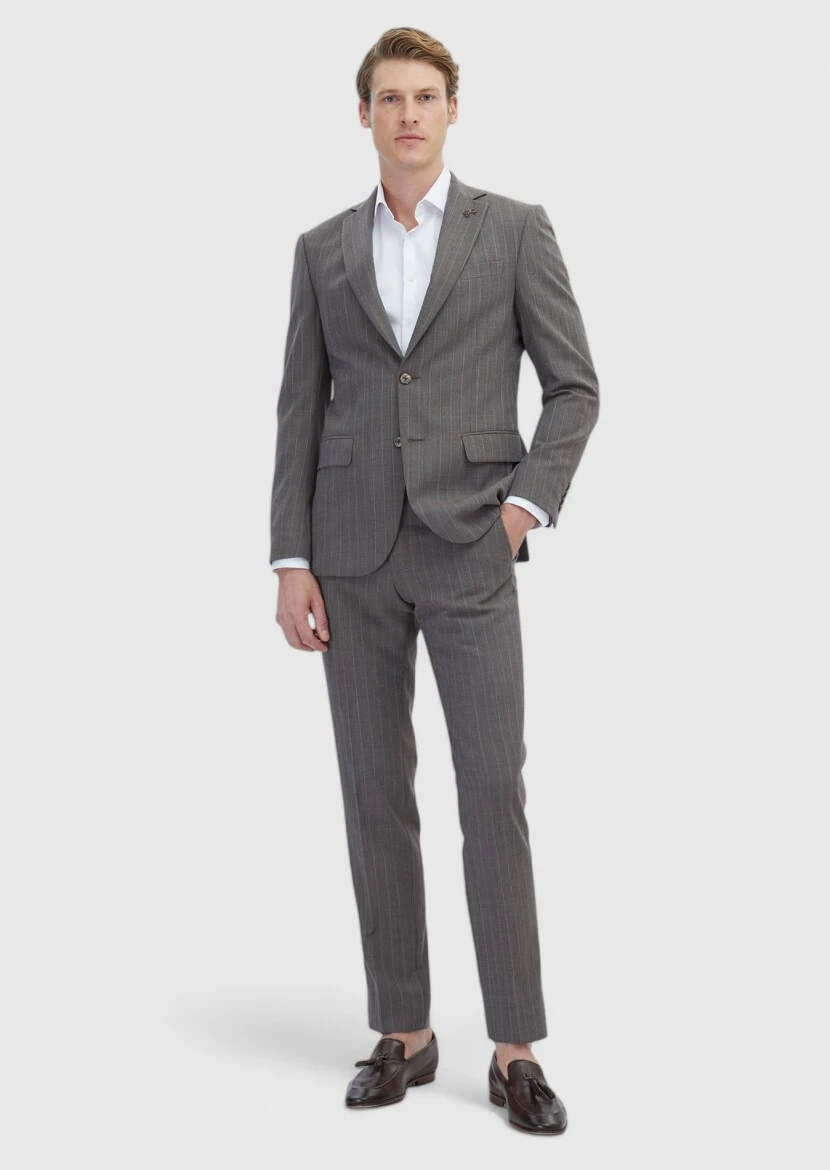 Açık Kahve Çizgili Modern Fit %100 Yün Takım Elbise - 2