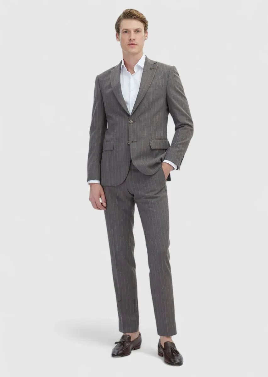 Açık Kahve Çizgili Modern Fit %100 Yün Takım Elbise - 2
