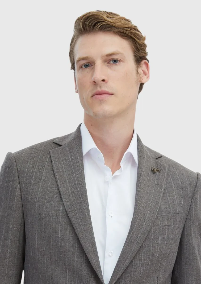 Açık Kahve Çizgili Modern Fit %100 Yün Takım Elbise - 3