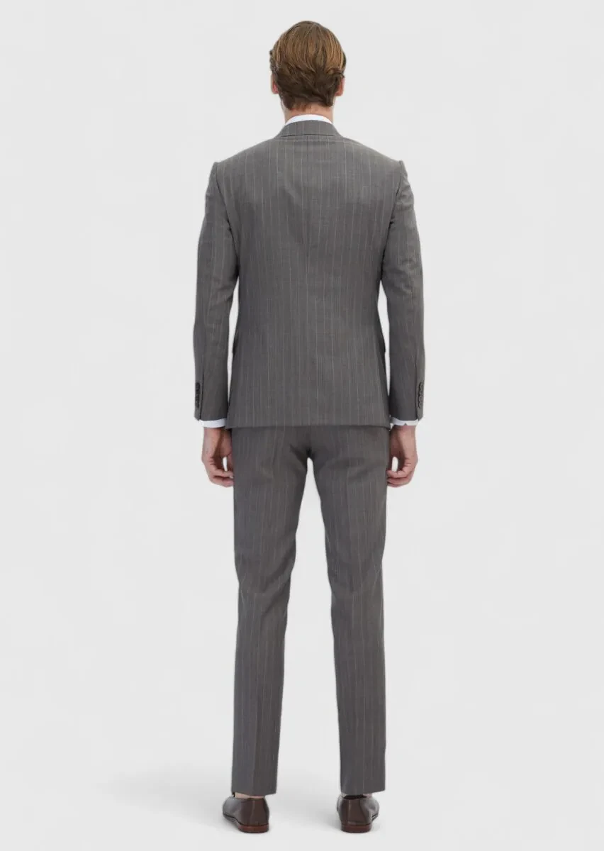 Açık Kahve Çizgili Modern Fit %100 Yün Takım Elbise - 5