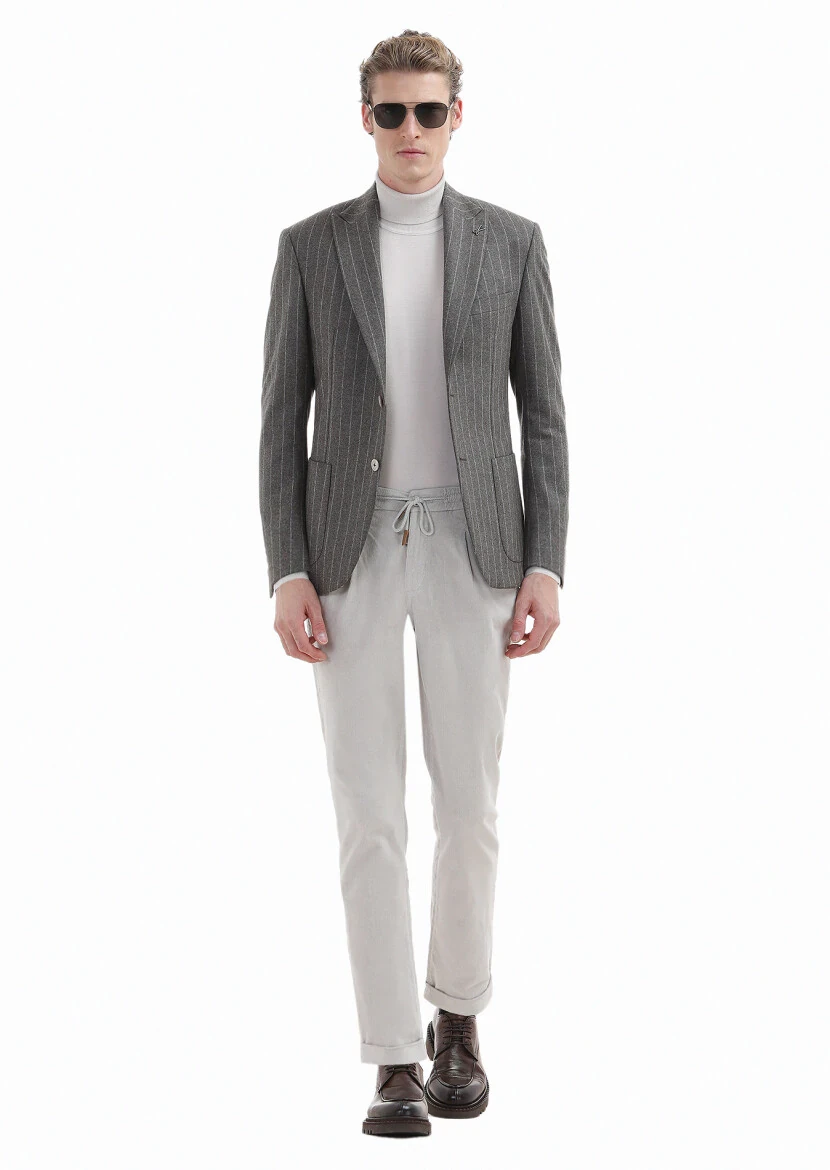 Açık Kahve Çizgili Zeroweight Slim Fit %100 Yün Ceket - 1