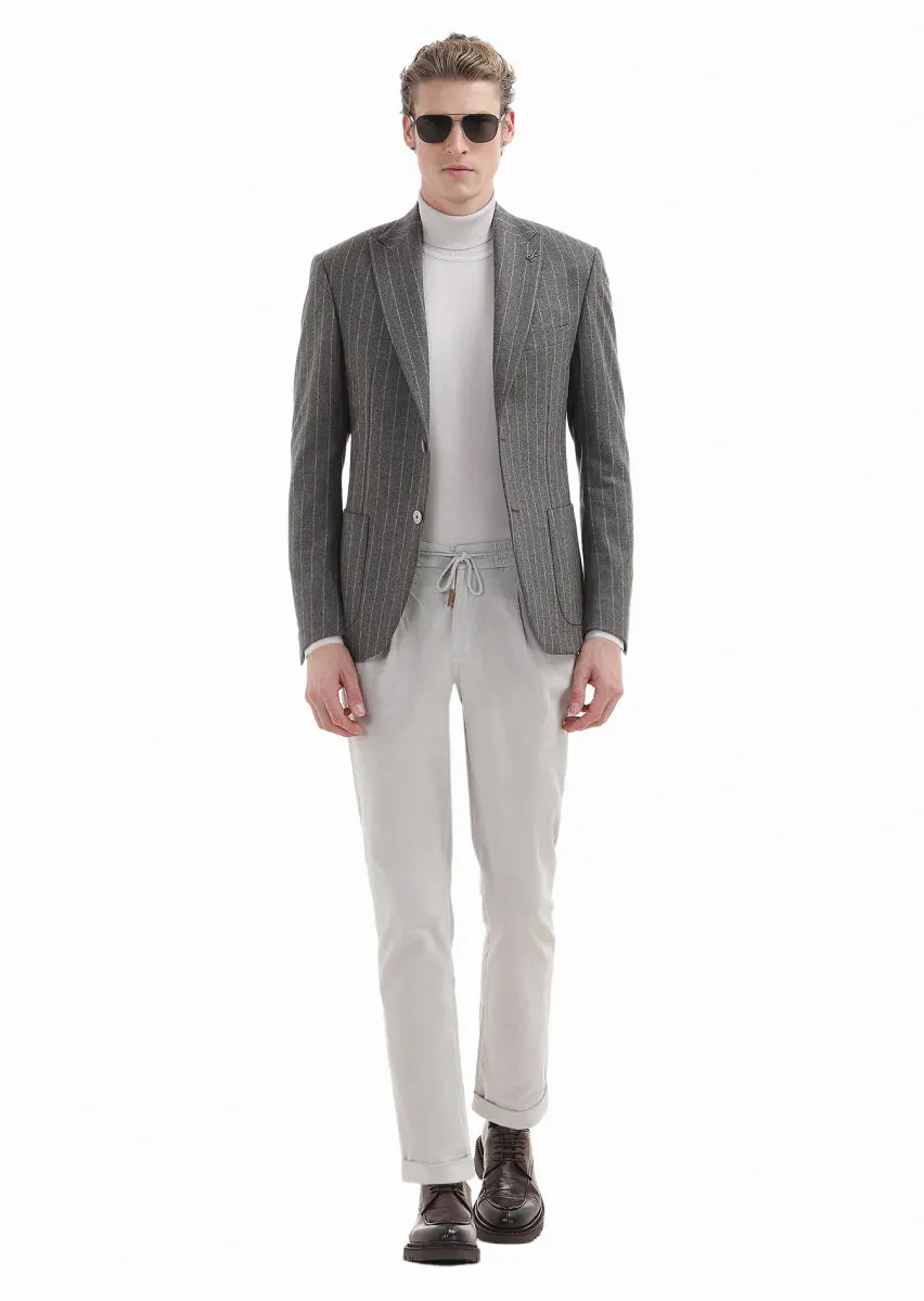 Açık Kahve Çizgili Zeroweight Slim Fit %100 Yün Ceket - 1