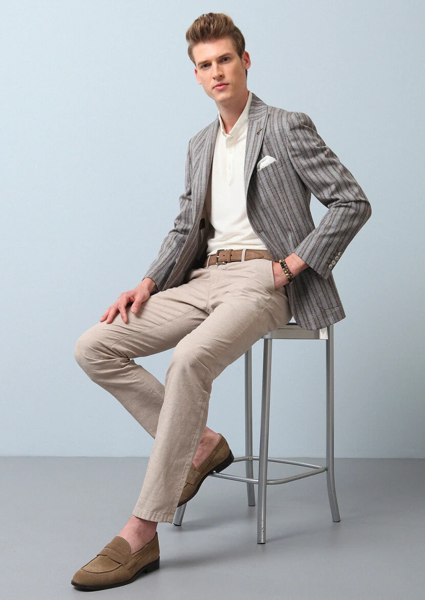 Açık Kahve Çizgili Zeroweight Slim Fit Yün Karışımlı Ceket - 1