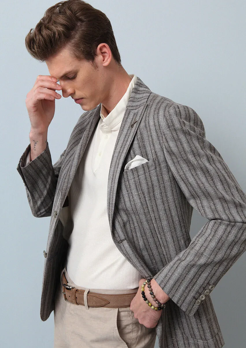 Açık Kahve Çizgili Zeroweight Slim Fit Yün Karışımlı Ceket - 2