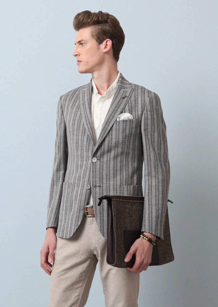 Açık Kahve Çizgili Zeroweight Slim Fit Yün Karışımlı Ceket - 3
