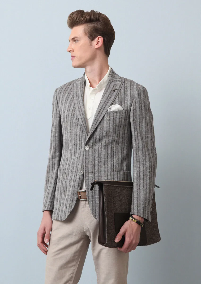 Açık Kahve Çizgili Zeroweight Slim Fit Yün Karışımlı Ceket - 3