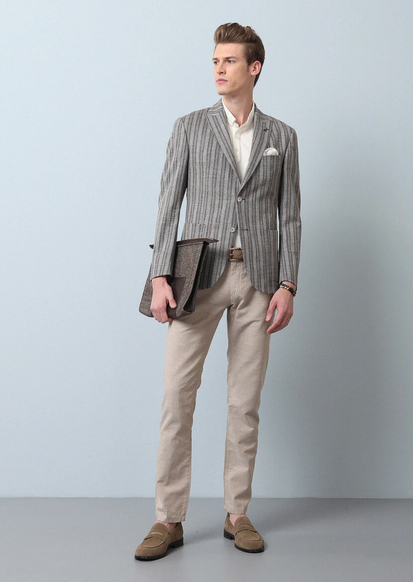 Açık Kahve Çizgili Zeroweight Slim Fit Yün Karışımlı Ceket - 4