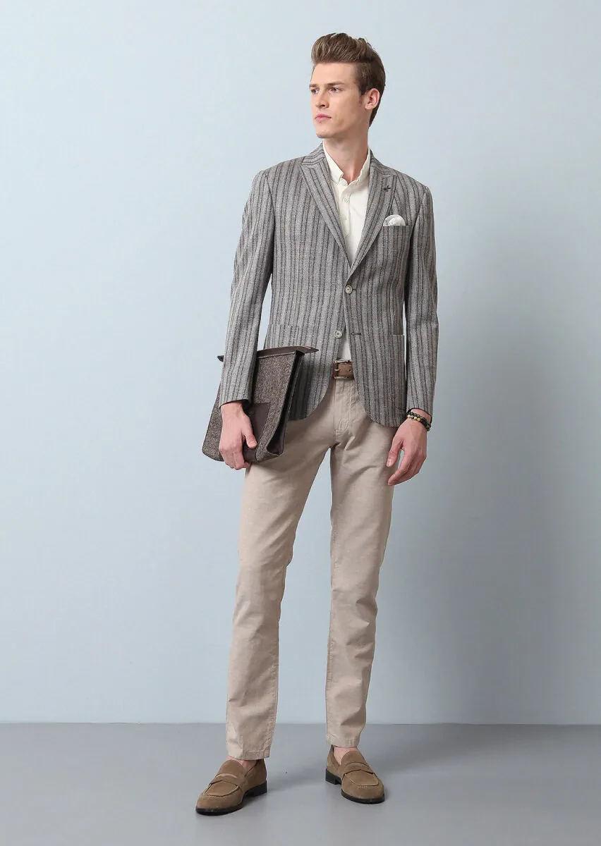 Açık Kahve Çizgili Zeroweight Slim Fit Yün Karışımlı Ceket - 4