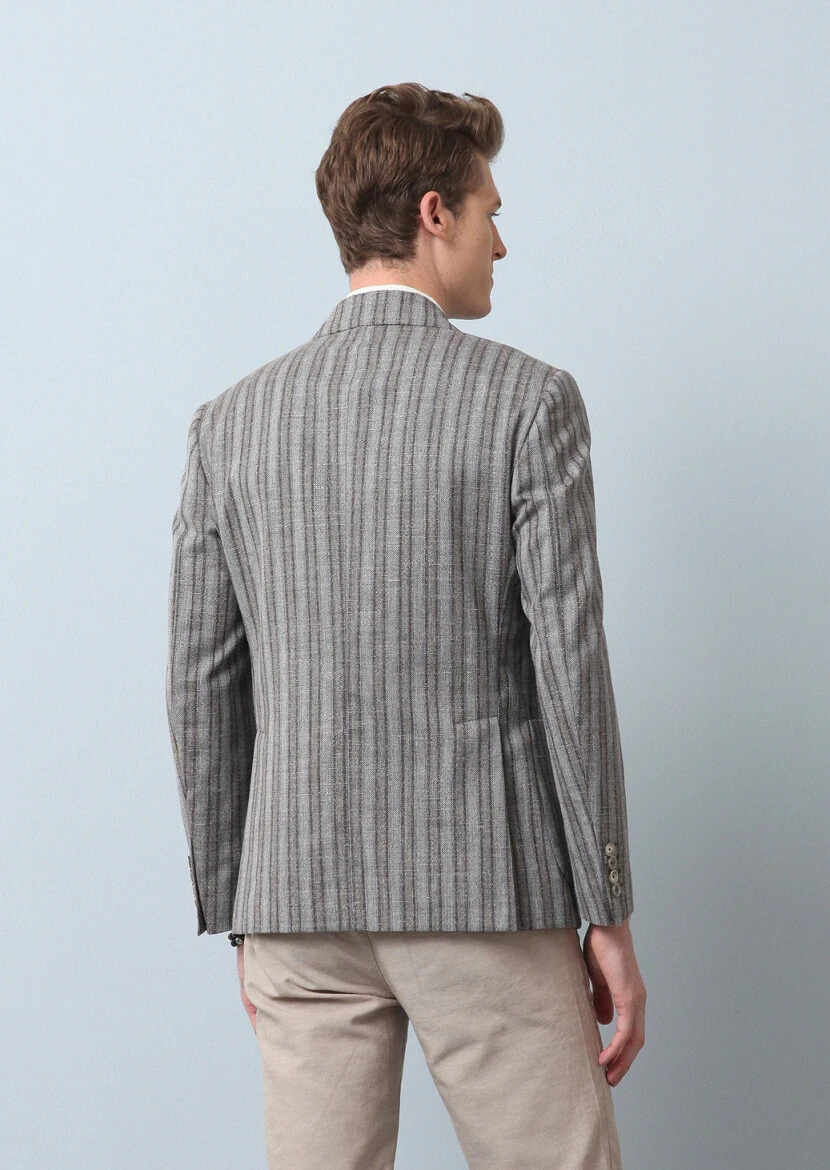 Açık Kahve Çizgili Zeroweight Slim Fit Yün Karışımlı Ceket - 5