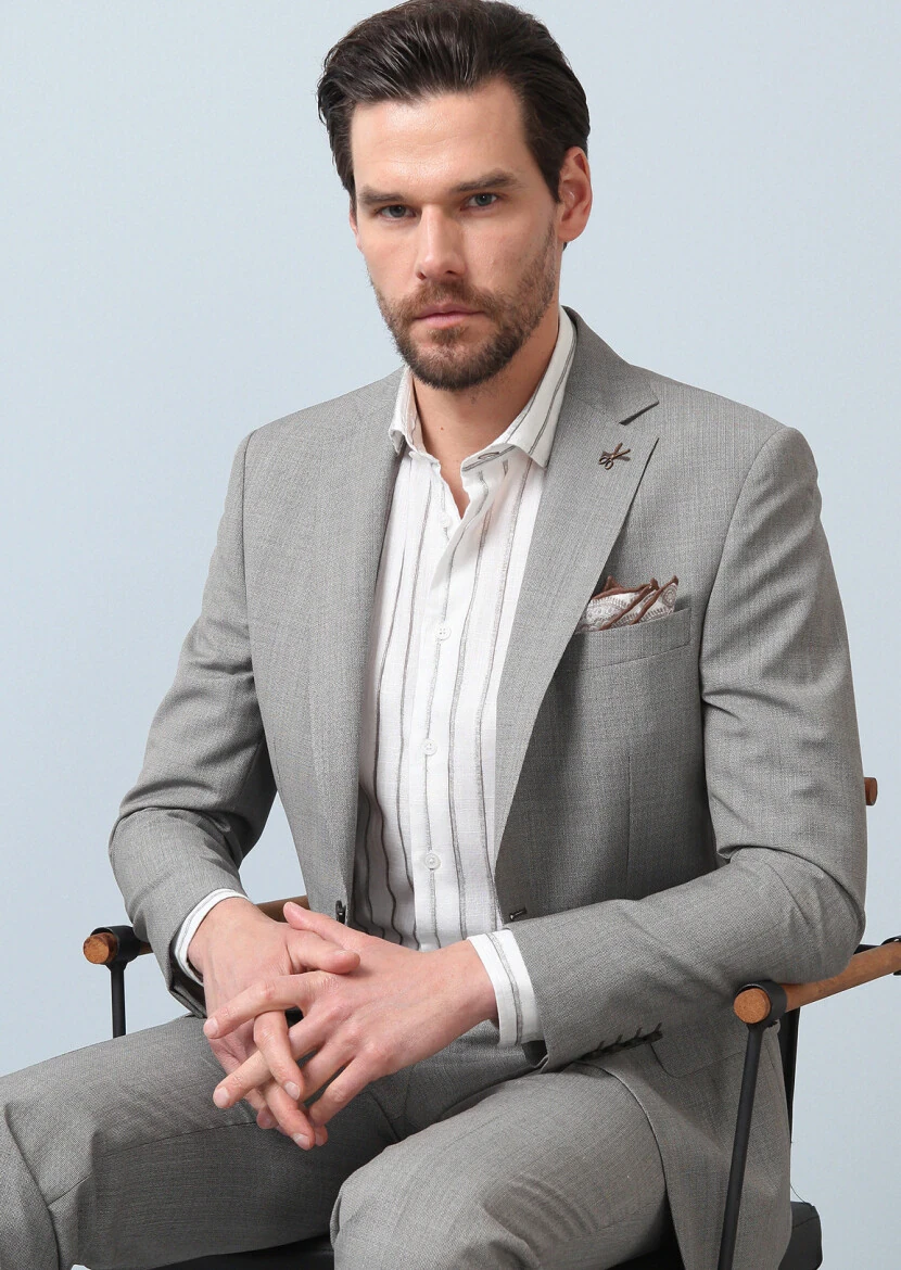 Açık Kahve Desenli Modern Fit %100 Yün Takım Elbise - 1