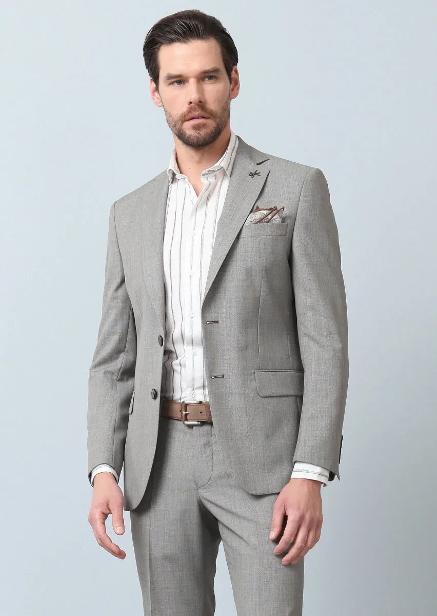 Açık Kahve Desenli Modern Fit %100 Yün Takım Elbise - 2