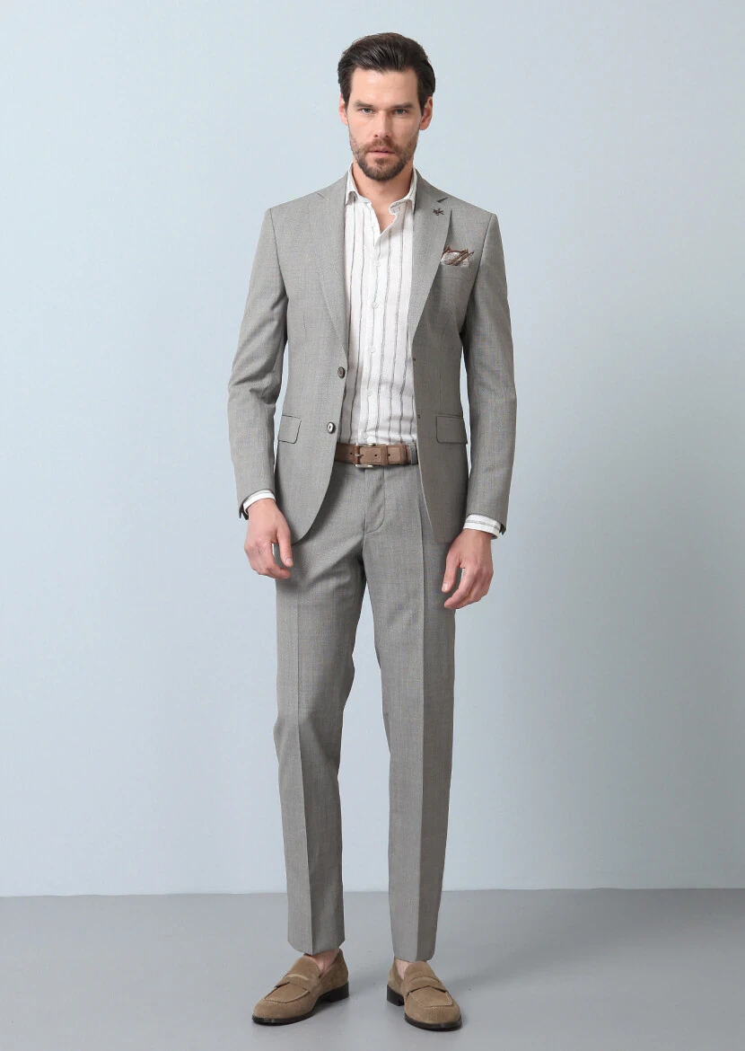 Açık Kahve Desenli Modern Fit %100 Yün Takım Elbise - 5