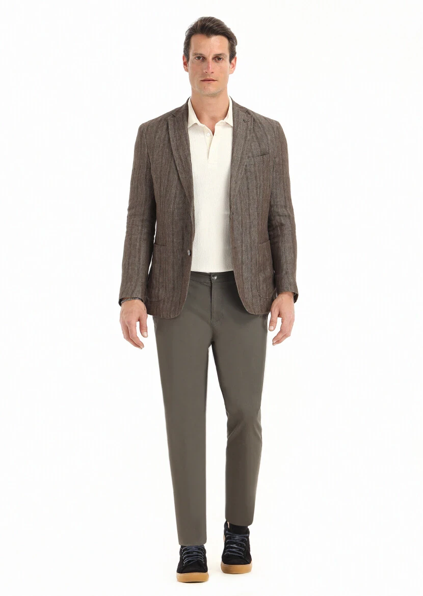 Açık Kahve Desenli Shirt Shoulder Slim Fit %100 Keten Ceket - 1