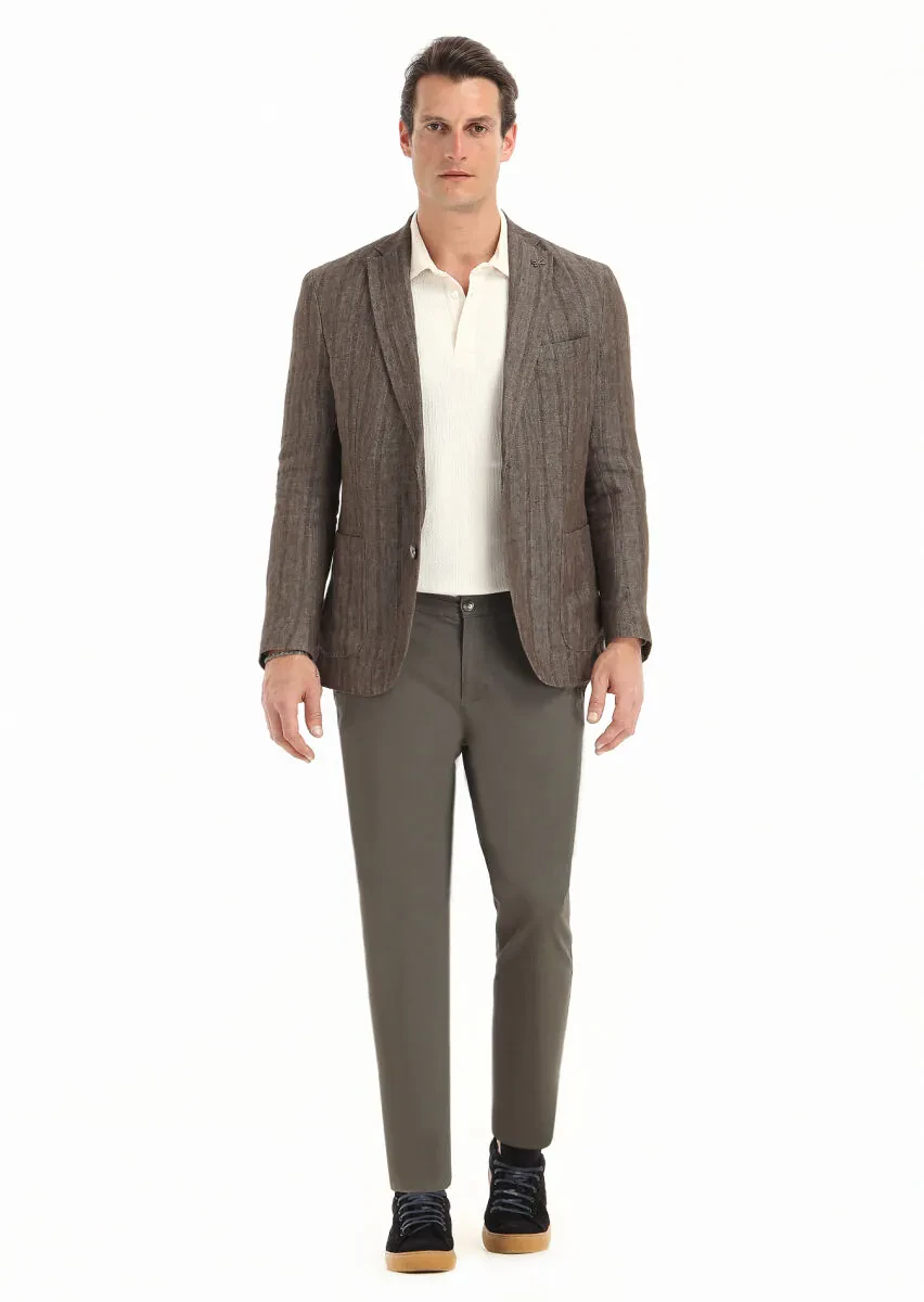 Açık Kahve Desenli Shirt Shoulder Slim Fit %100 Keten Ceket - 1