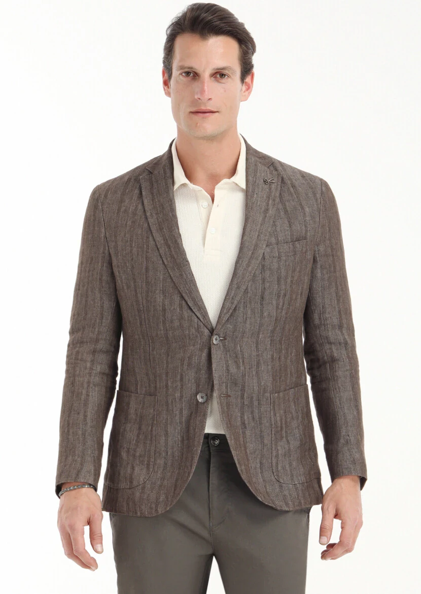Açık Kahve Desenli Shirt Shoulder Slim Fit %100 Keten Ceket - 2