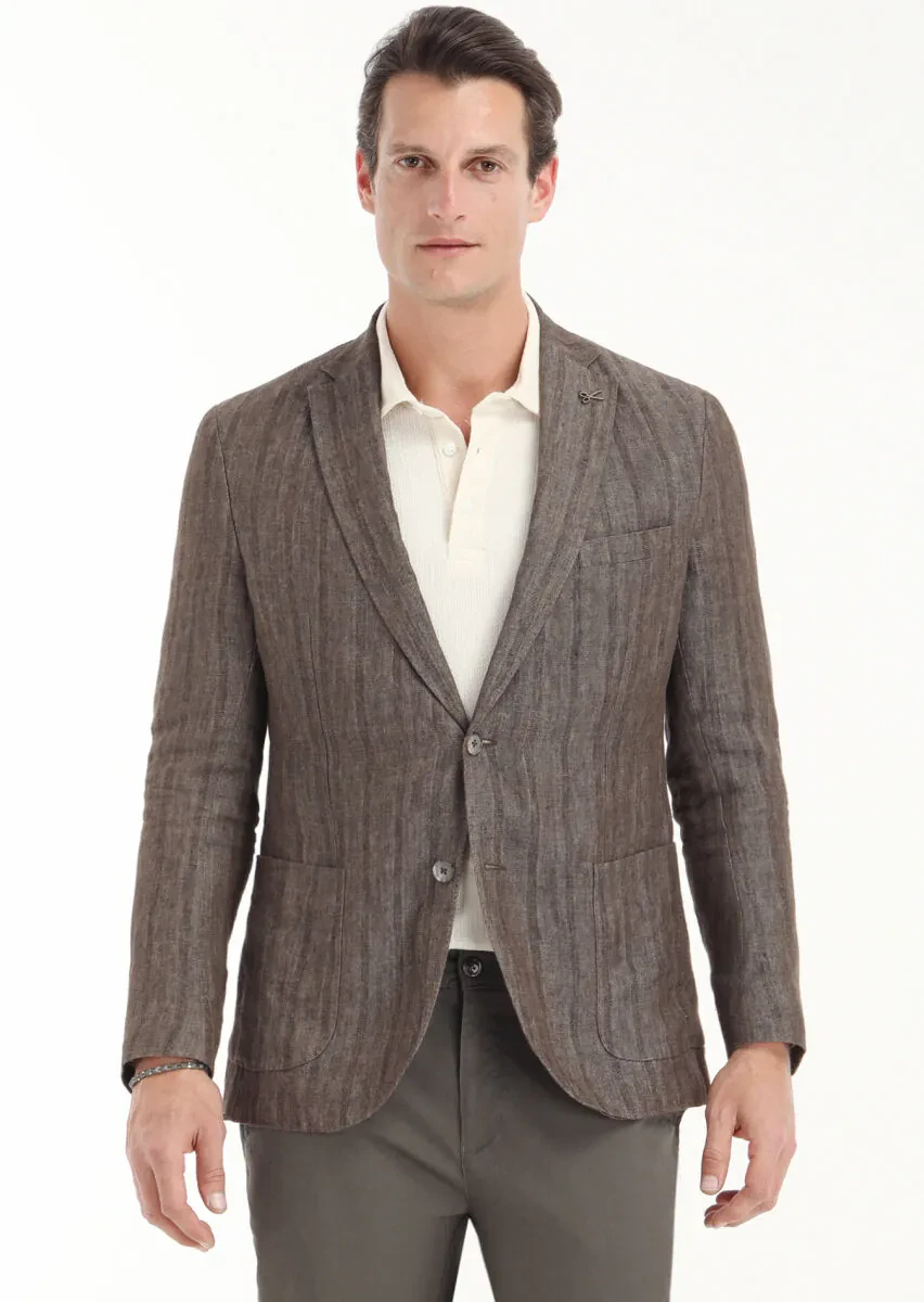 Açık Kahve Desenli Shirt Shoulder Slim Fit %100 Keten Ceket - 2