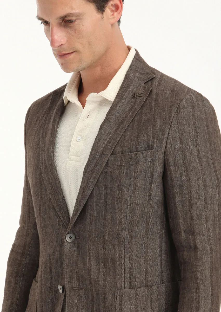 Açık Kahve Desenli Shirt Shoulder Slim Fit %100 Keten Ceket - 3