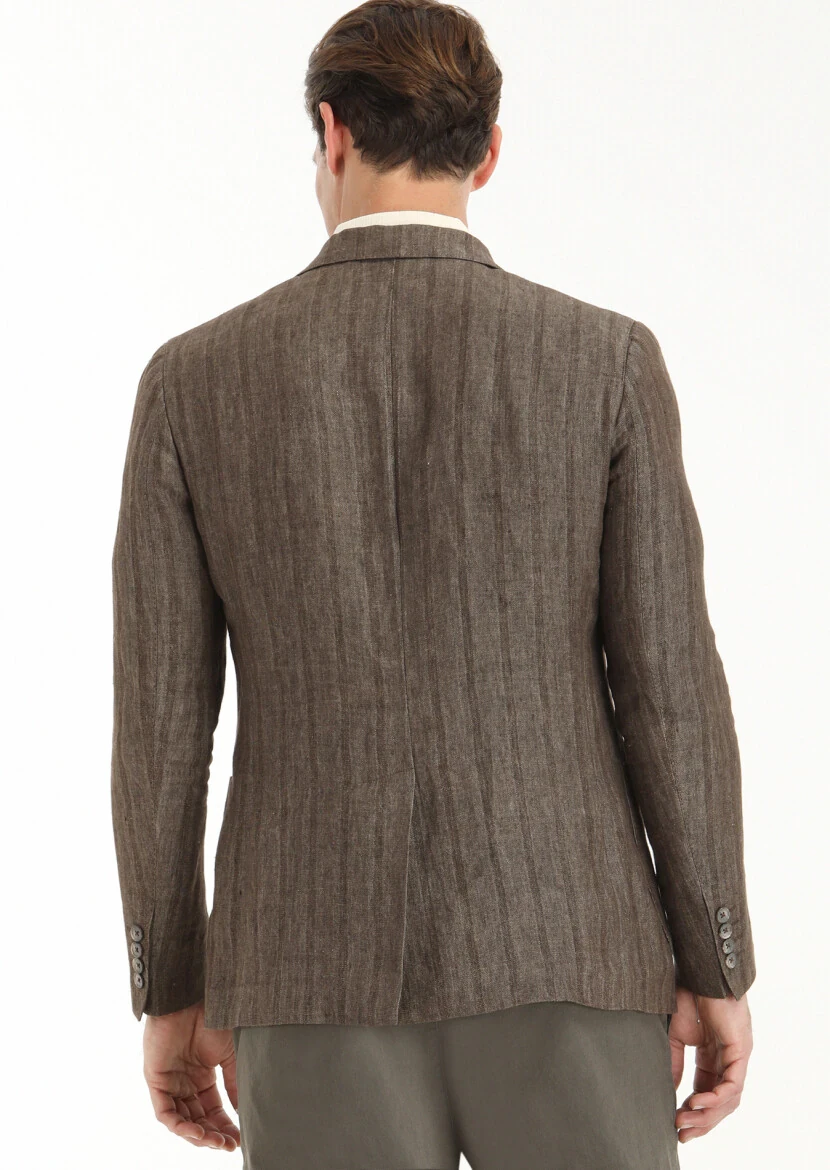 Açık Kahve Desenli Shirt Shoulder Slim Fit %100 Keten Ceket - 4