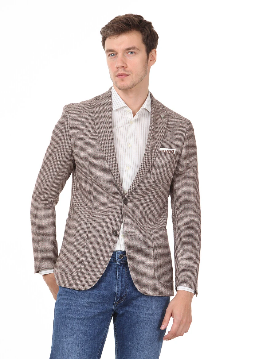 Açık Kahve Desenli Zeroweight Slim Fit Yün Karışımlı Ceket - 1