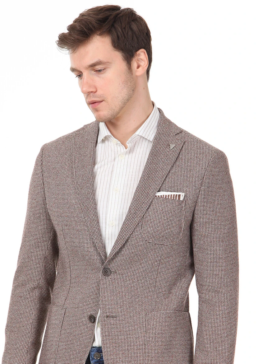 Açık Kahve Desenli Zeroweight Slim Fit Yün Karışımlı Ceket - 2