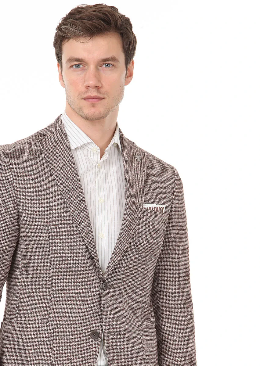 Açık Kahve Desenli Zeroweight Slim Fit Yün Karışımlı Ceket - 4