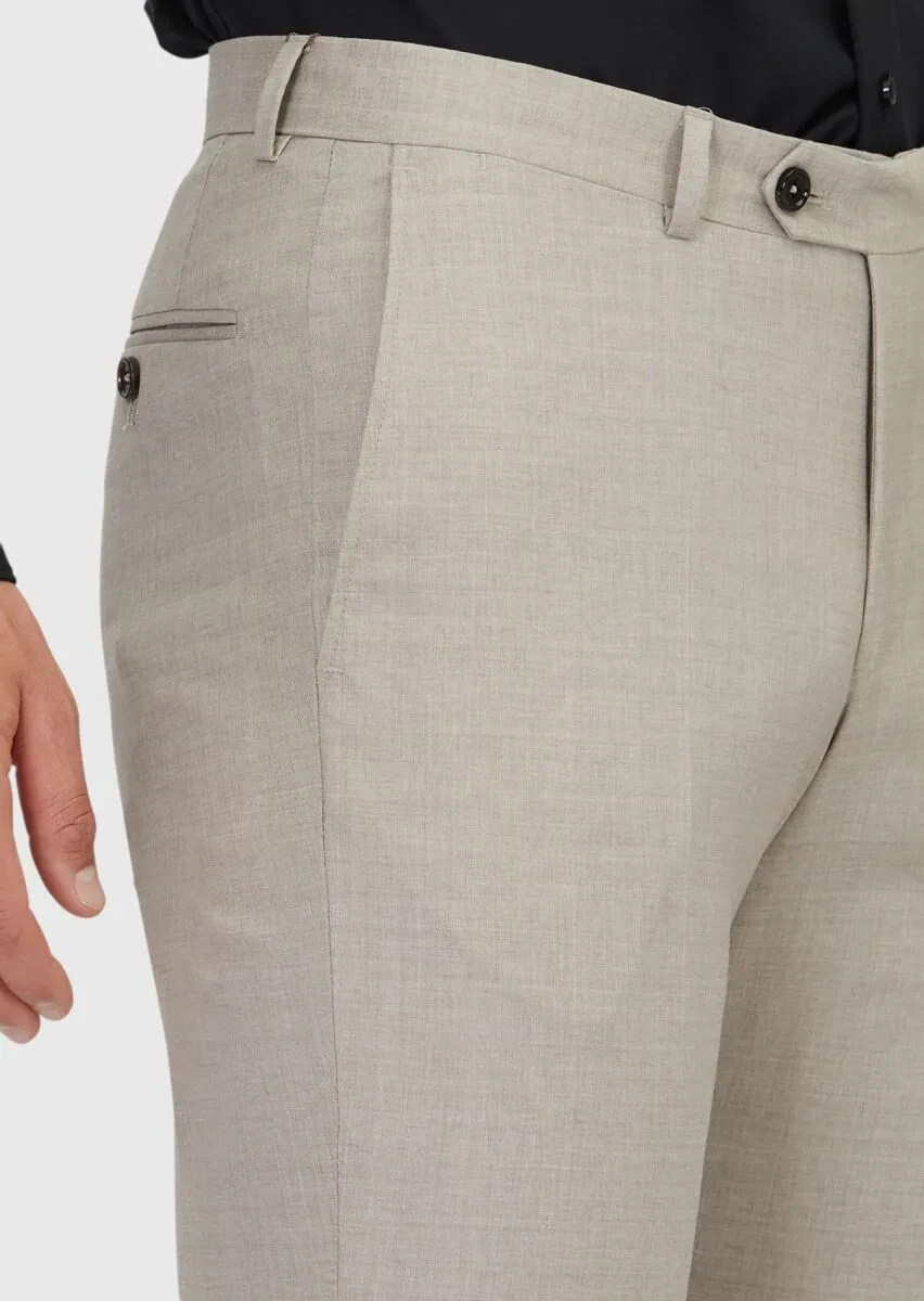 Açık Kahve Düz Dokuma Regular Fit Klasik %100 Yün Pantolon - 3