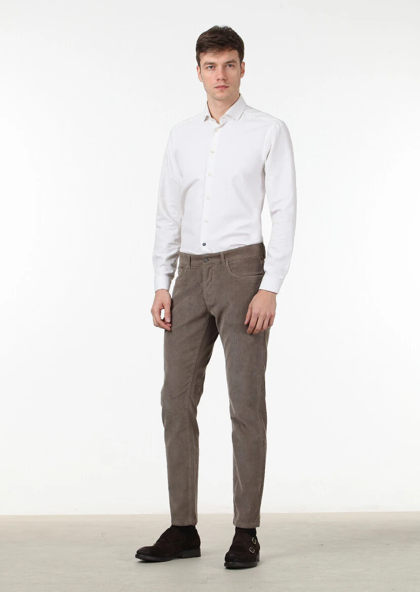 Açık Kahve Düz Dokuma Slim Fit Casual Pamuk Karışımlı Pantolon - 1