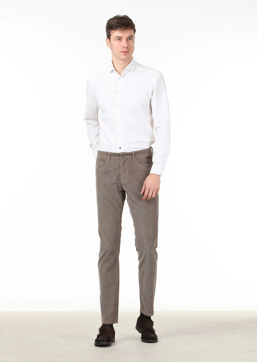 Açık Kahve Düz Dokuma Slim Fit Casual Pamuk Karışımlı Pantolon - 2