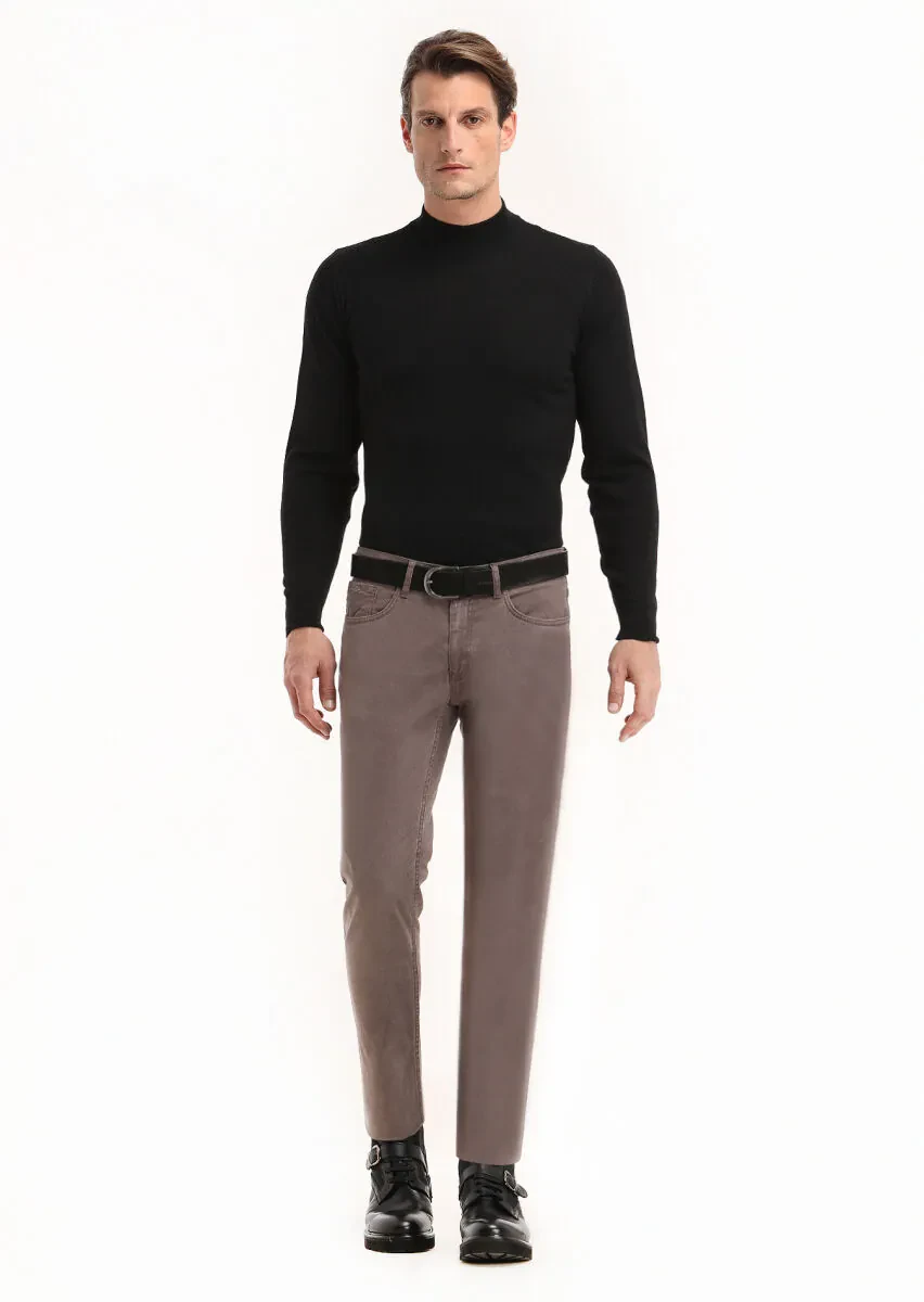 Açık Kahve Düz Dokuma Slim Fit Casual Pamuk Karışımlı Pantolon - 2