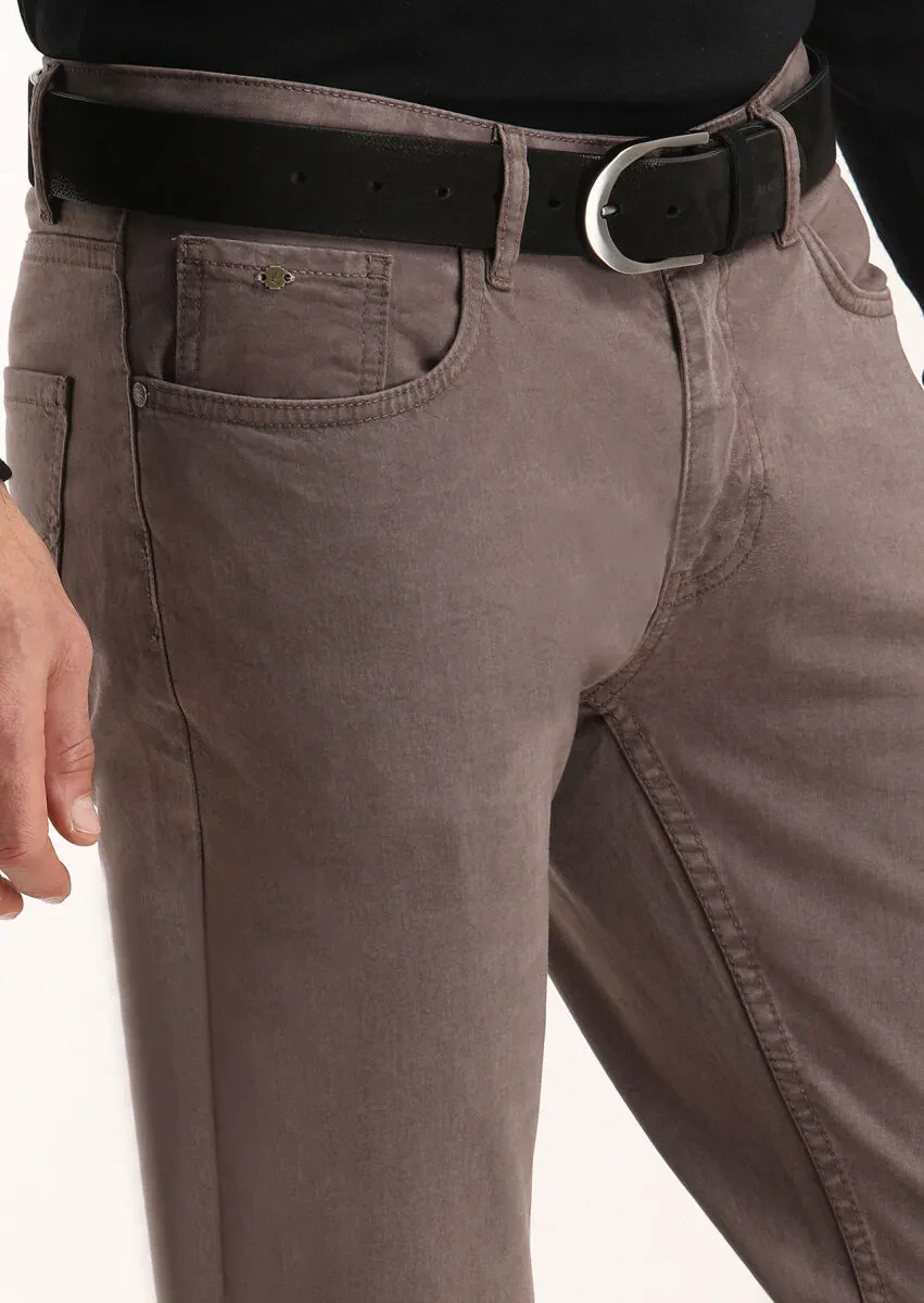 Açık Kahve Düz Dokuma Slim Fit Casual Pamuk Karışımlı Pantolon - 3