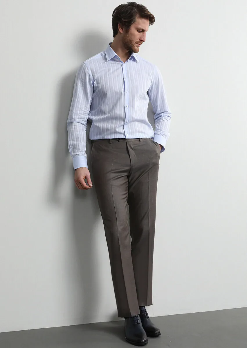 Açık Kahve Düz Kumaş Regular Fit Klasik %100 Yün Pantolon - 1