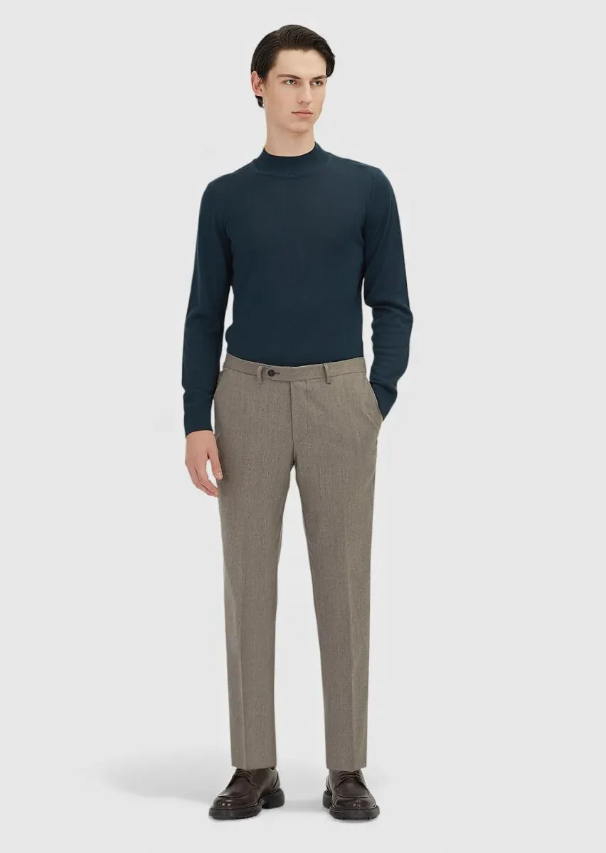 Açık Kahve Düz Kumaş Regular Fit Klasik %100 Yün Pantolon - 1