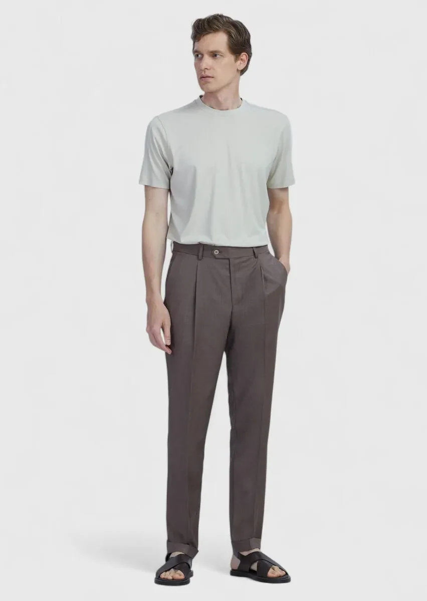 Açık Kahve Düz Kumaş Slim Fit Casual %100 Yün Pantolon - 1