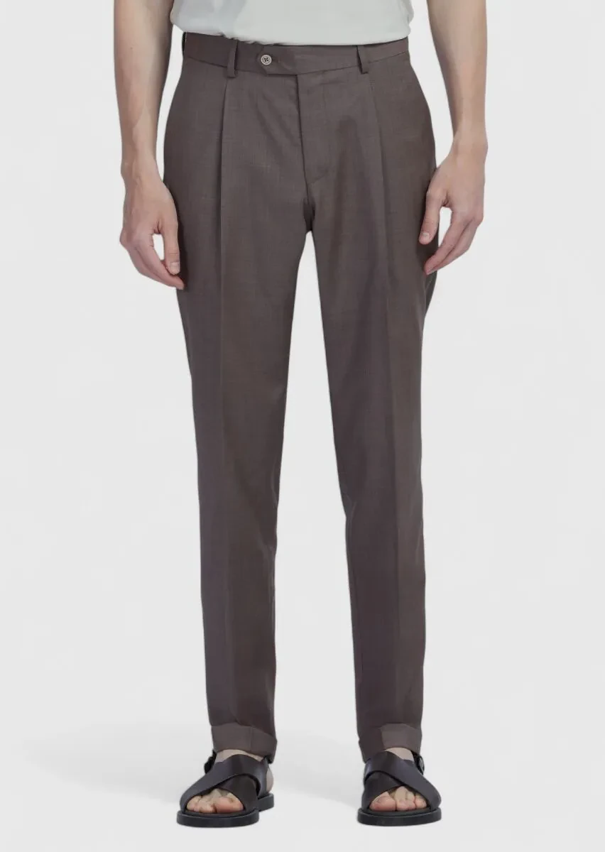 Açık Kahve Düz Kumaş Slim Fit Casual %100 Yün Pantolon - 2