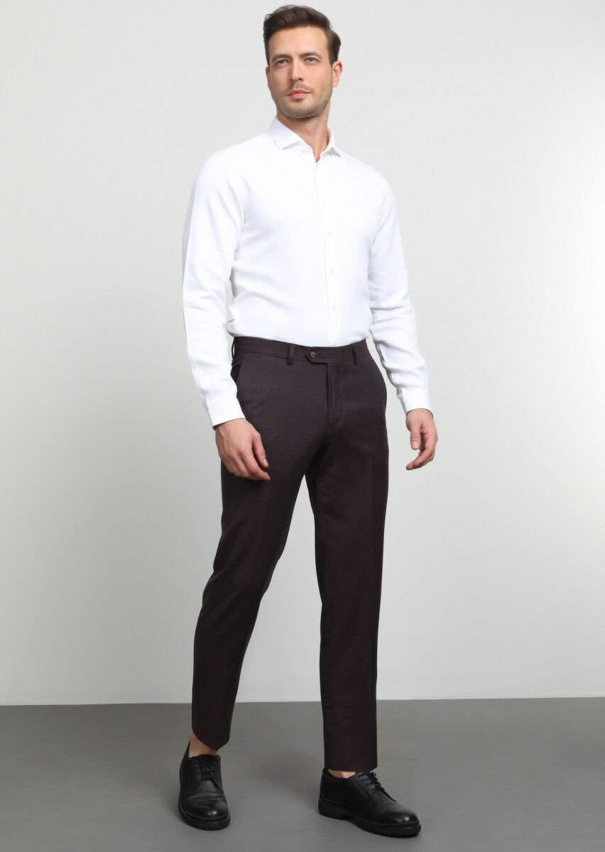 Açık Kahve Düz Kumaş Slim Fit Klasik Yün Karışımlı Pantolon - 1