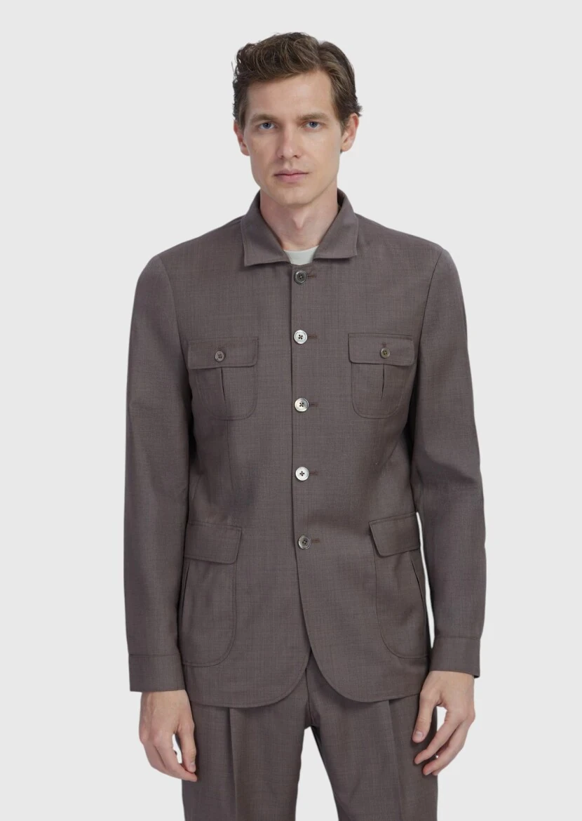 Açık Kahve Düz Shirt Shoulder Slim Fit %100 Yün Ceket - 3