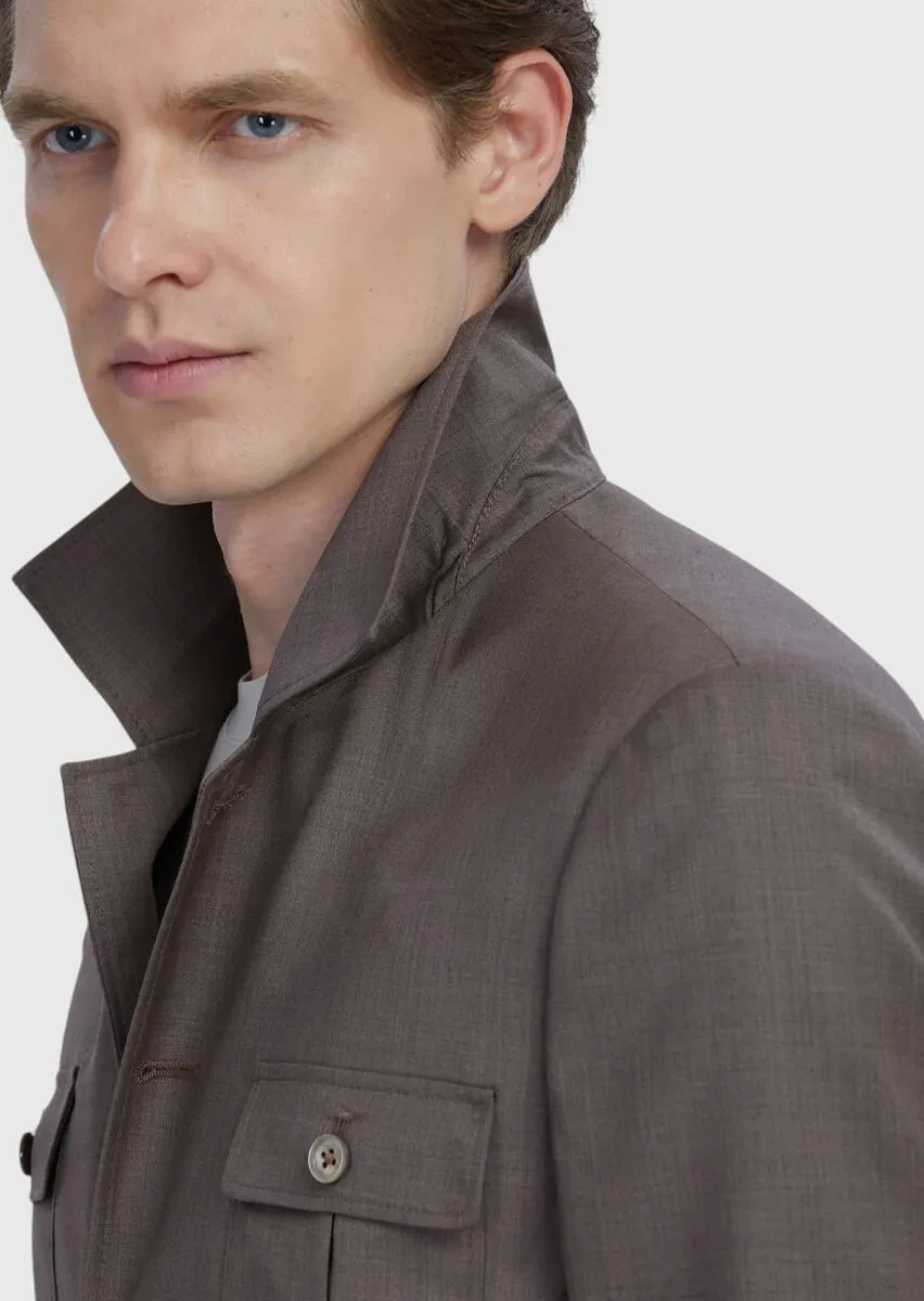 Açık Kahve Düz Shirt Shoulder Slim Fit %100 Yün Ceket - 5