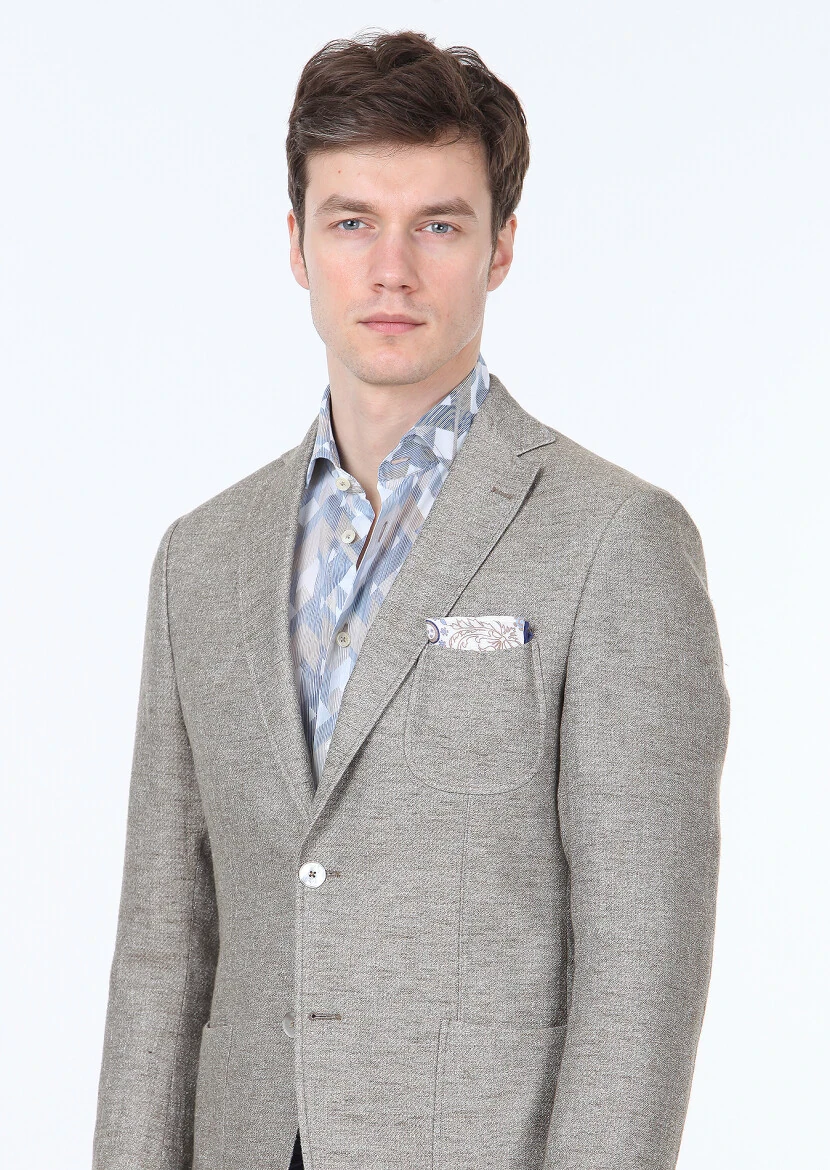 Açık Kahve Düz Zeroweight Slim Fit Pamuk Karışımlı Ceket - 3