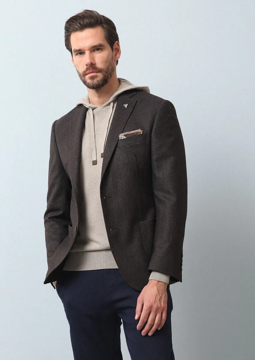 Açık Kahve Düz Zeroweight Slim Fit Yün Karışımlı Ceket - 1