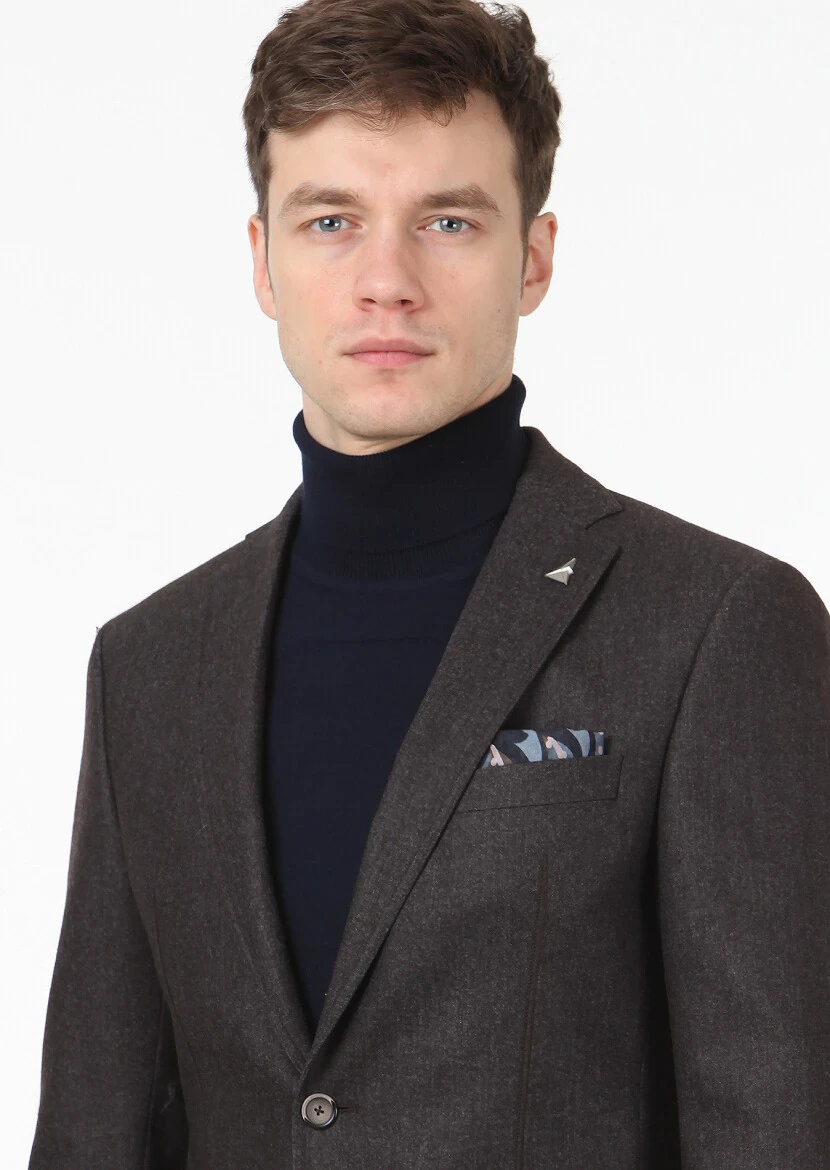 Açık Kahve Düz Zeroweight Slim Fit Yün Karışımlı Ceket - 2