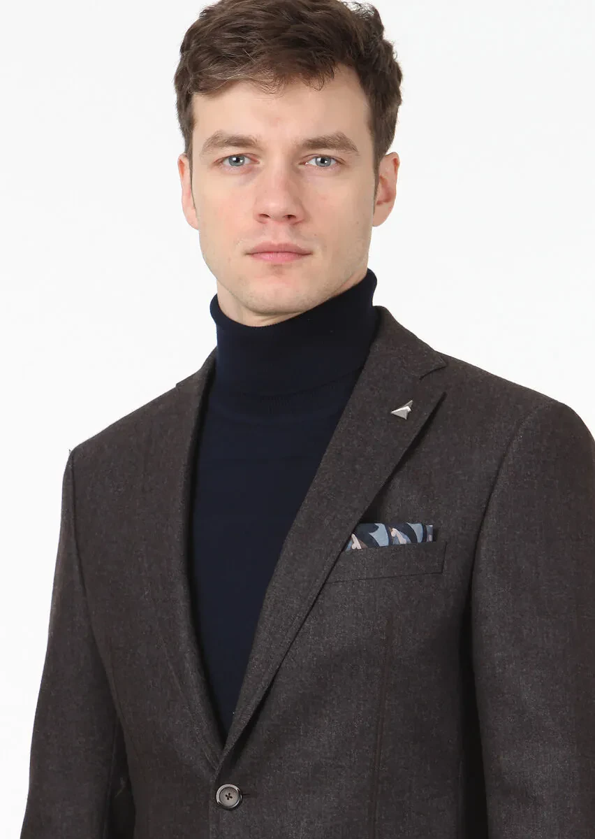 Açık Kahve Düz Zeroweight Slim Fit Yün Karışımlı Ceket - 2