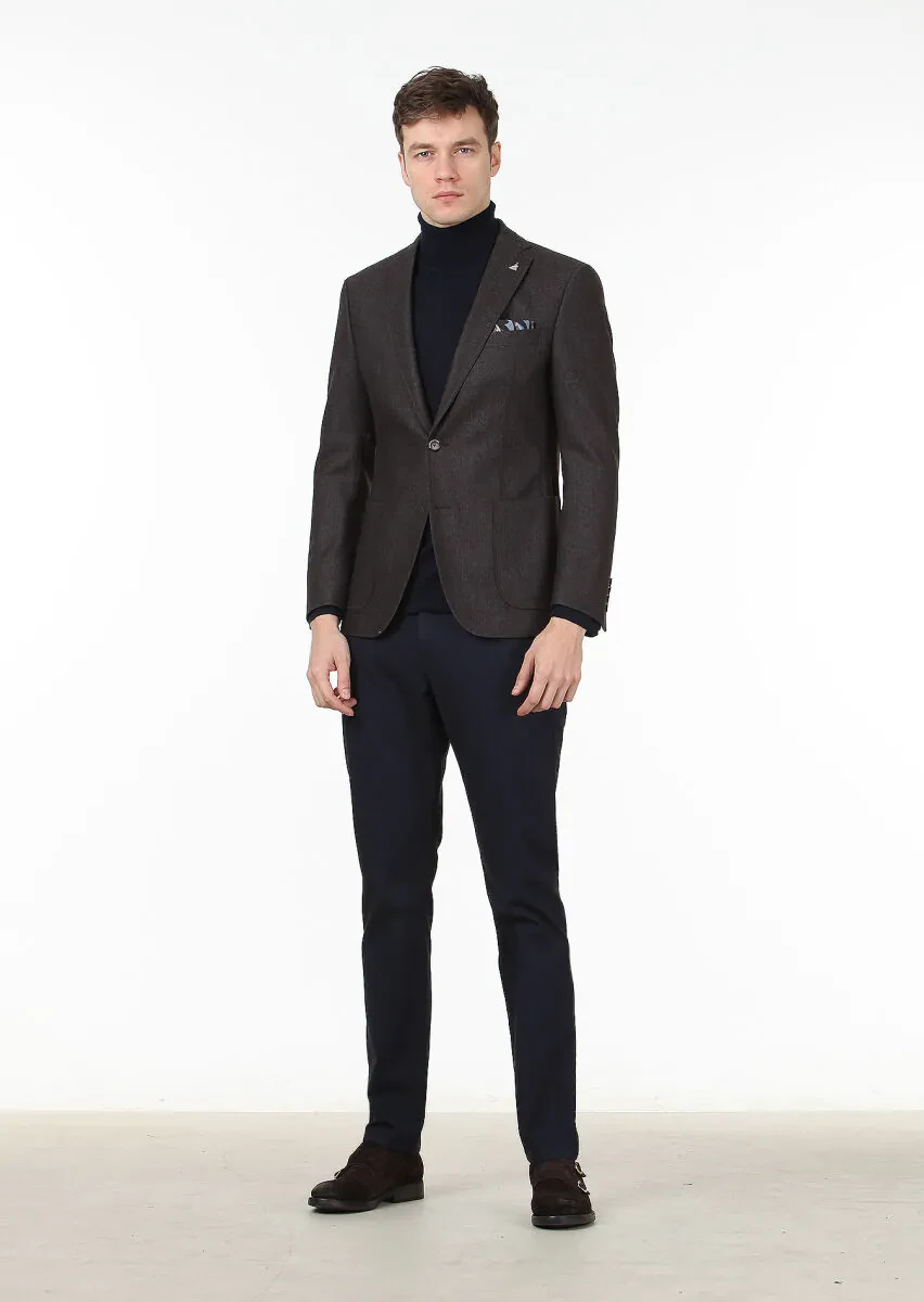 Açık Kahve Düz Zeroweight Slim Fit Yün Karışımlı Ceket - 3